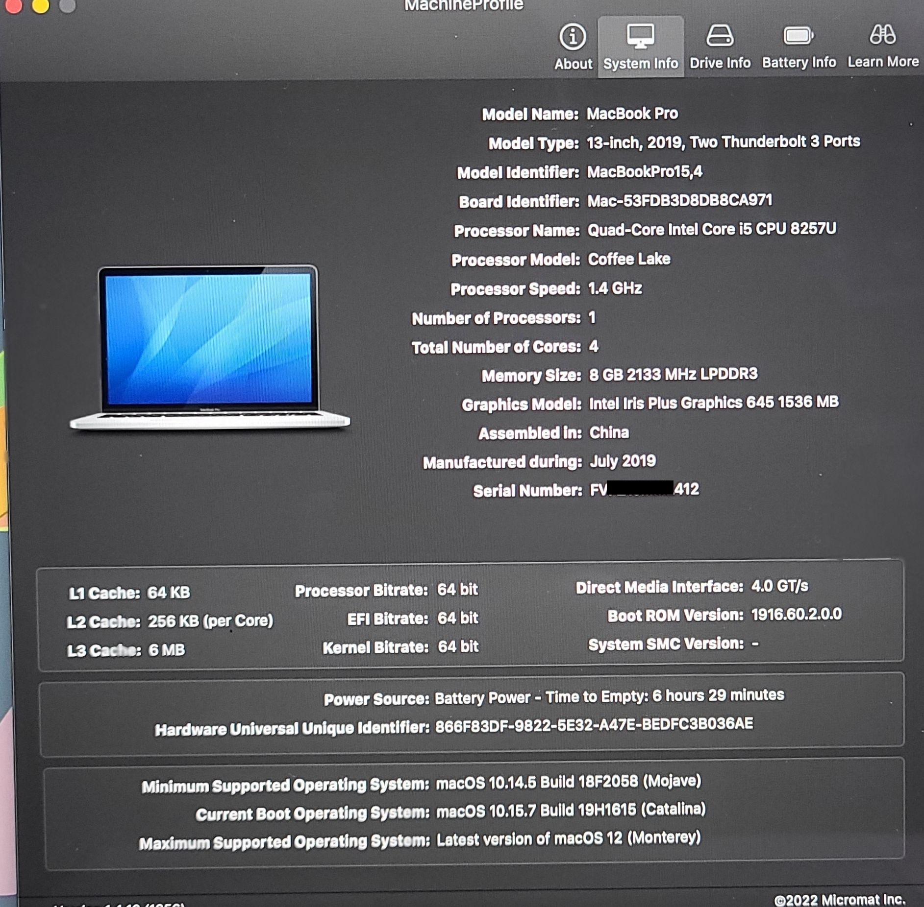 MacBook PRO A2159 2019 Logic Board 1.4GHz i5 8GB 256GB 820-01598-A + Touch ID - Image 5