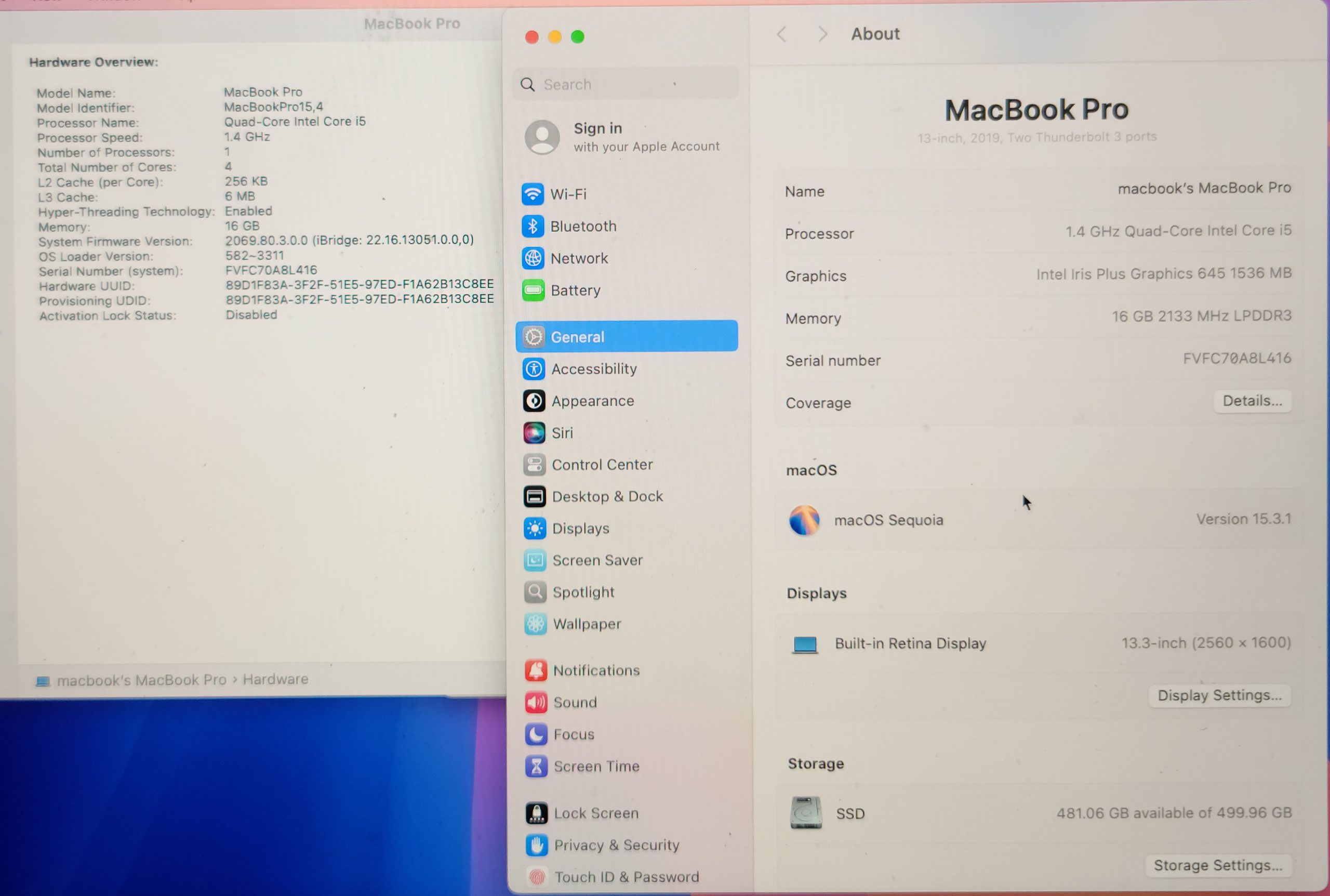 MacBook PRO A2159 2019 Logic Board 1.4GHz i5 16GB 512GB 820-01598-A + TouchID - Image 5