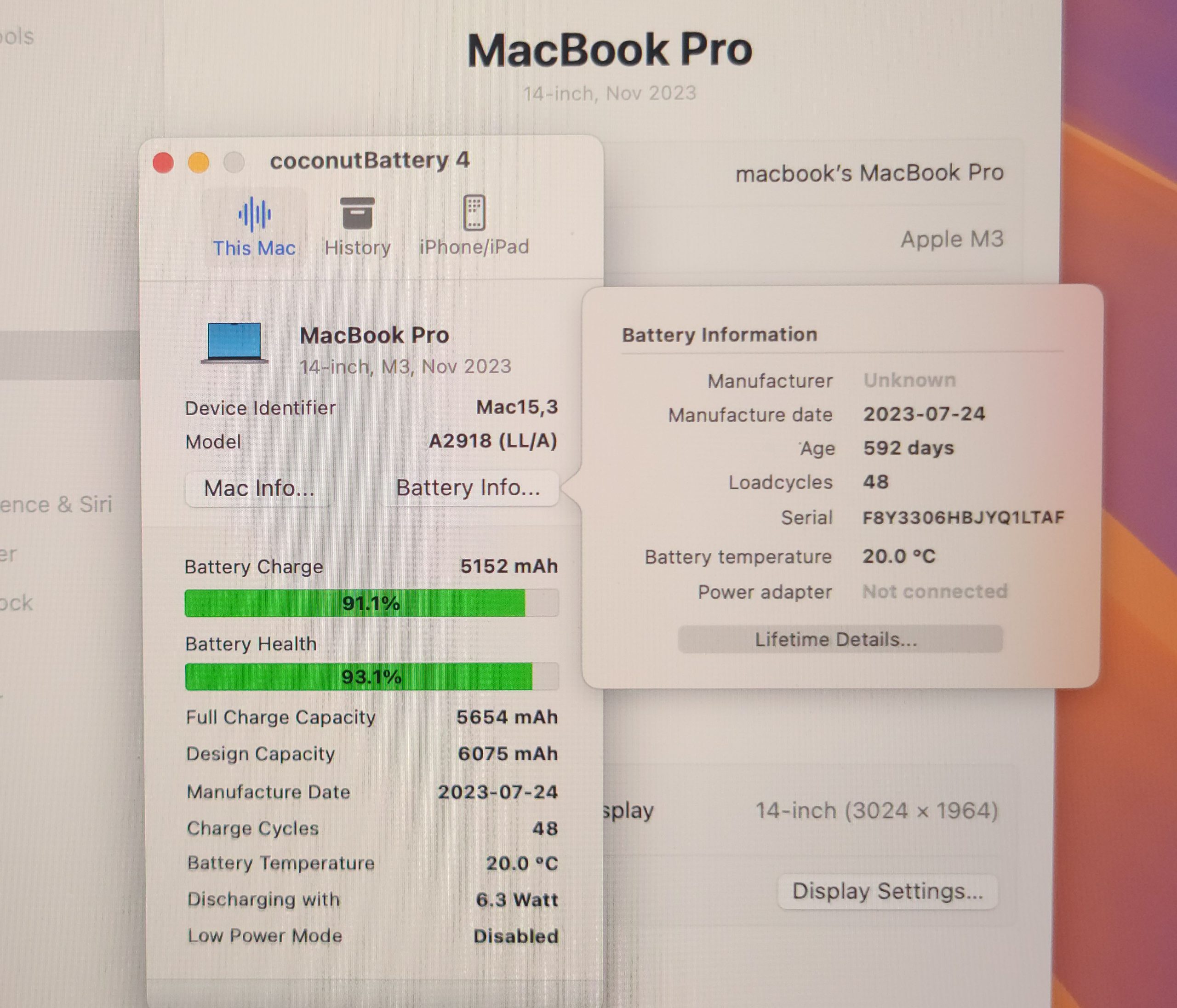 A2918 MACBOOK PRO 14" M3, 2023 - TOP CASE SPACE GRAY TRACKPAD BATTERY 93% - Image 8